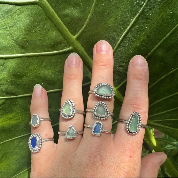 Handmade Sterling silver sea glass ring aqua blue 925 beaded beach coastal - Picture 2 of 2